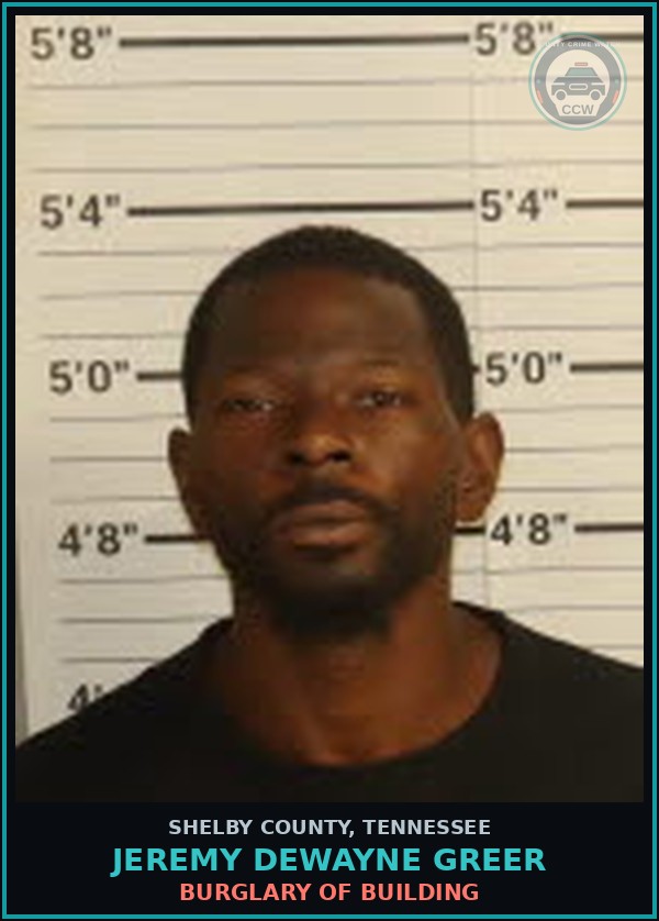 Booking mugshot of JEREMY DEWAYNE GREER in Shelby County