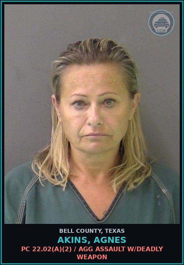Booking mugshot of AKINS, AGNES in Bell County