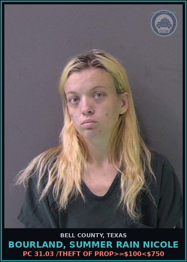 Booking mugshot of BOURLAND, SUMMER RAIN NICOLE in Bell County