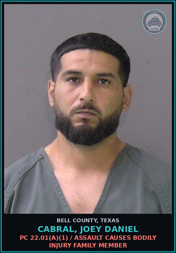 Booking mugshot of CABRAL, JOEY DANIEL in Bell County