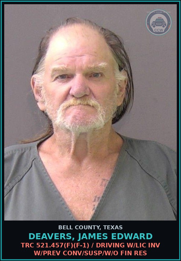 Booking mugshot of DEAVERS, JAMES EDWARD in Bell County