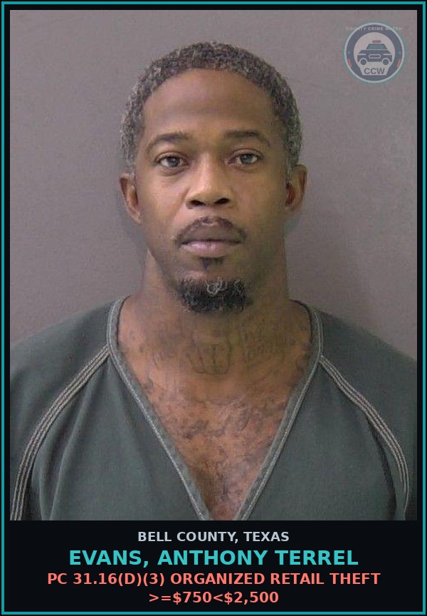 Booking mugshot of EVANS, ANTHONY TERREL in Bell County