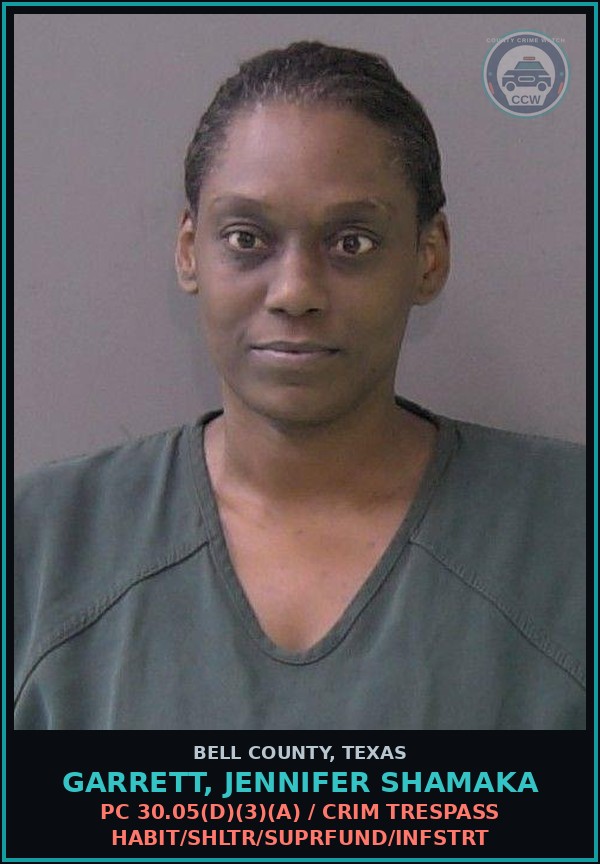 Booking mugshot of GARRETT, JENNIFER SHAMAKA in Bell County