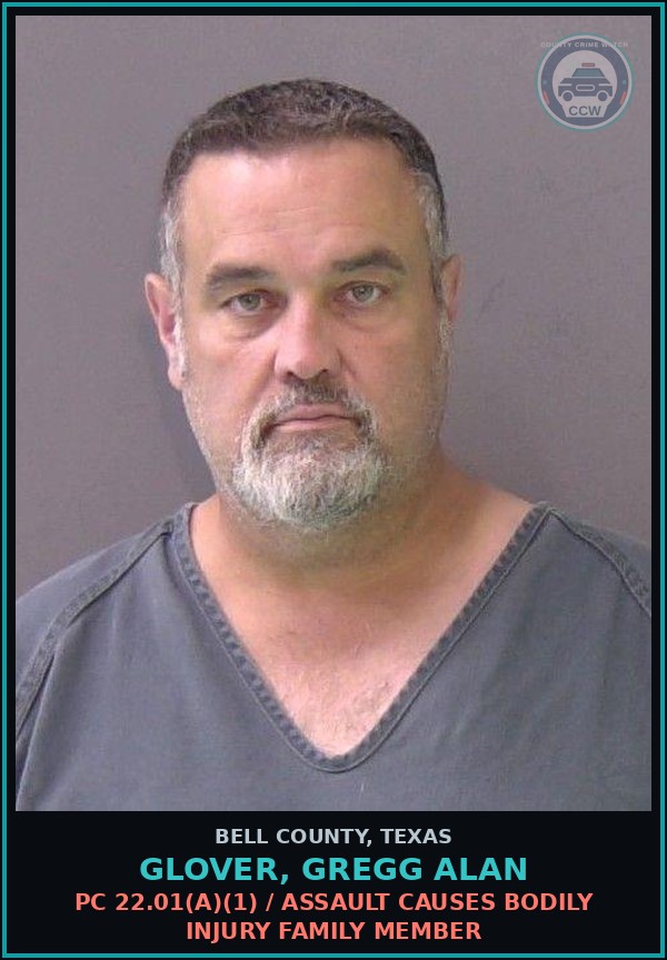 Booking mugshot of GLOVER, GREGG ALAN in Bell County