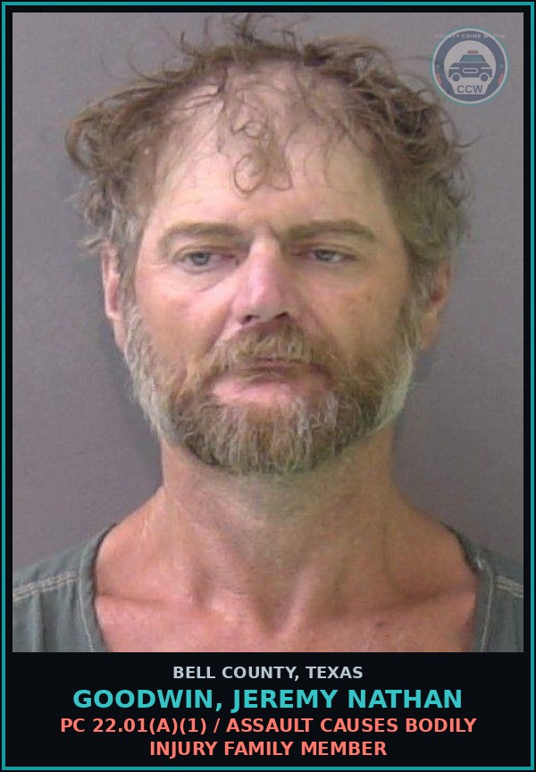 Booking mugshot of GOODWIN, JEREMY NATHAN in Bell County