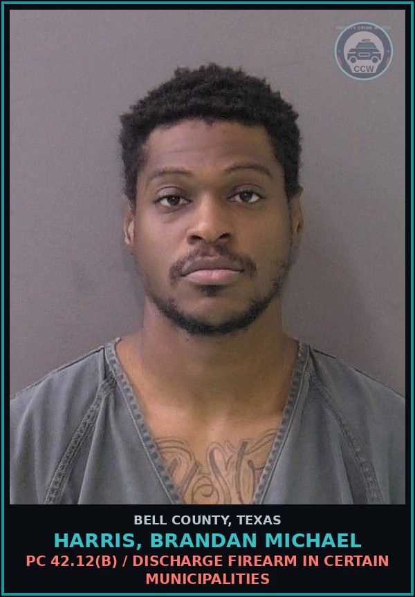 Booking mugshot of HARRIS, BRANDAN MICHAEL in Bell County