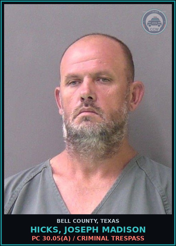 Booking mugshot of HICKS, JOSEPH MADISON in Bell County