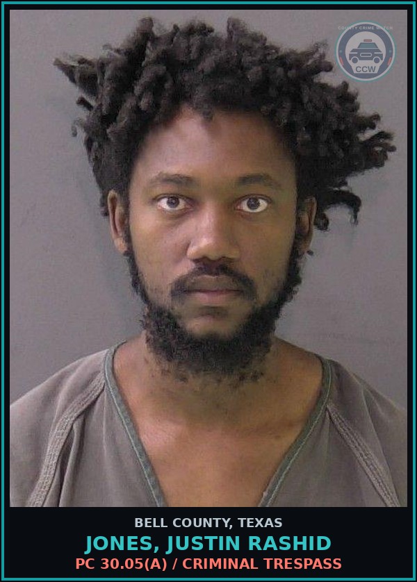 Booking mugshot of JONES, JUSTIN RASHID in Bell County