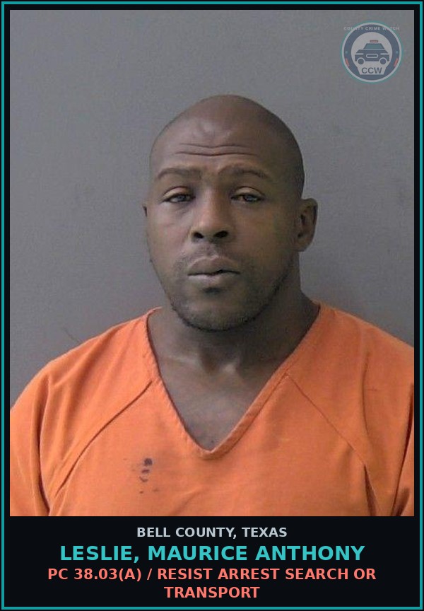 Booking mugshot of LESLIE, MAURICE ANTHONY in Bell County