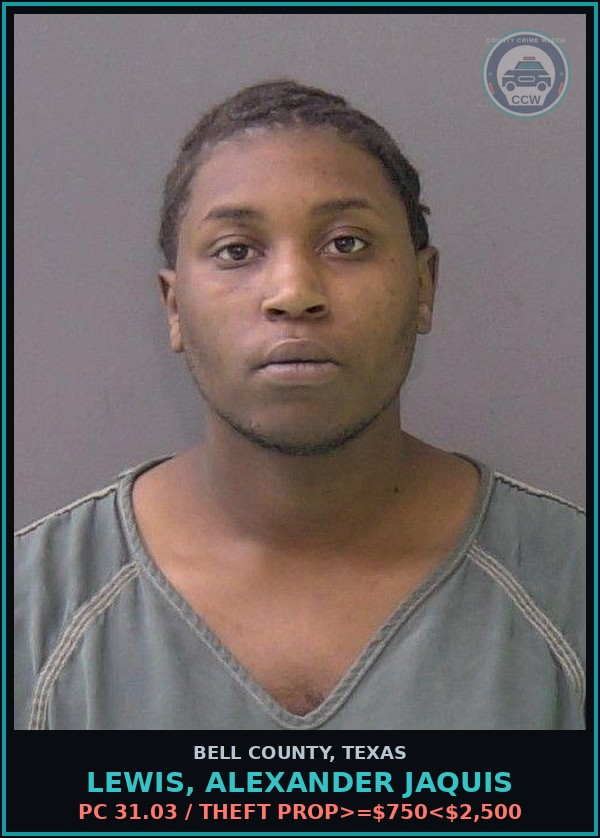 Booking mugshot of LEWIS, ALEXANDER JAQUIS in Bell County