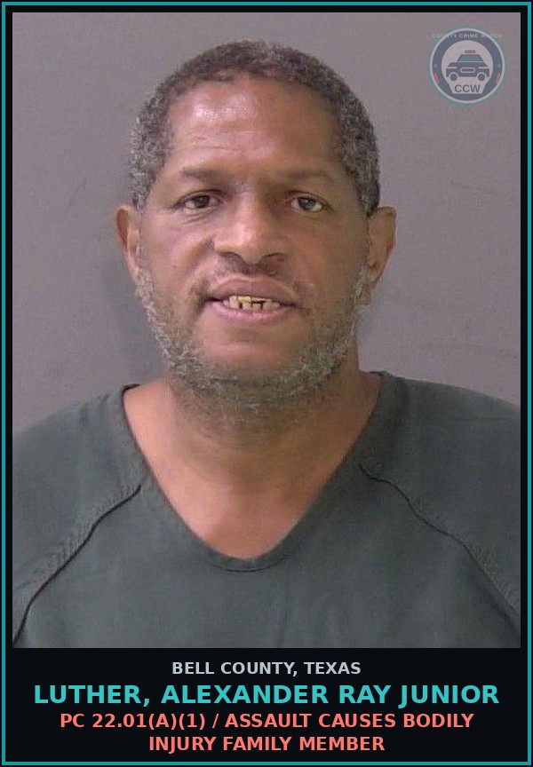 Booking mugshot of LUTHER, ALEXANDER RAY JUNIOR in Bell County