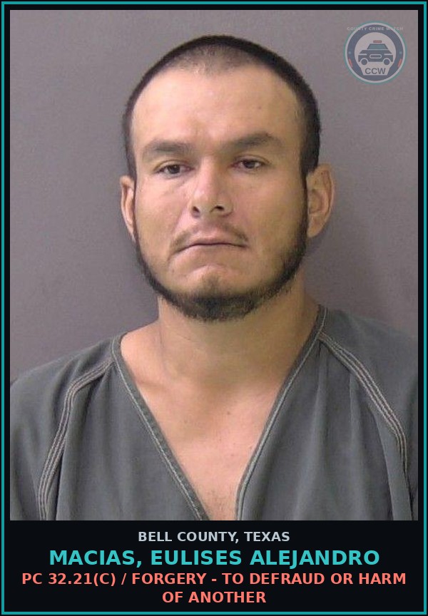 Booking mugshot of MACIAS, EULISES ALEJANDRO in Bell County