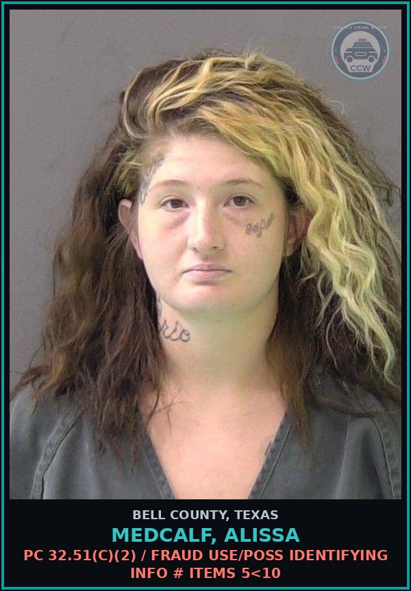 Booking mugshot of MEDCALF, ALISSA in Bell County