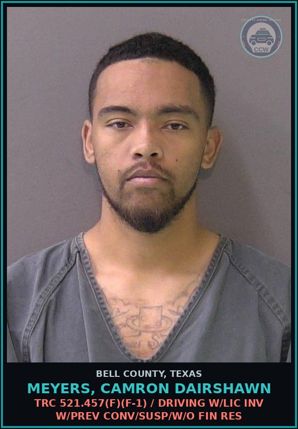 Booking mugshot of MEYERS, CAMRON DAIRSHAWN in Bell County