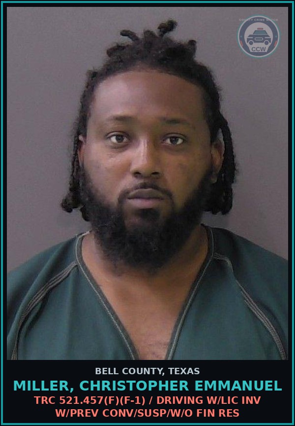 Booking mugshot of MILLER, CHRISTOPHER EMMANUEL in Bell County