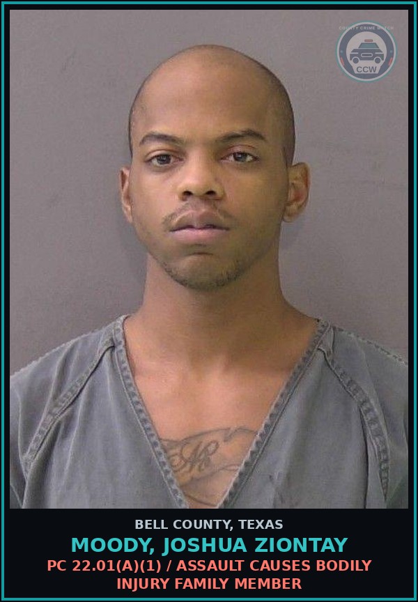 Booking mugshot of MOODY, JOSHUA ZIONTAY in Bell County