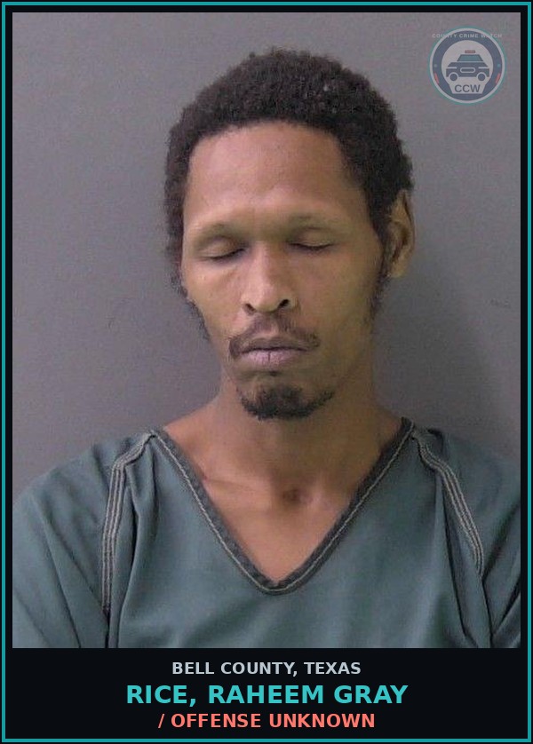 Booking mugshot of RICE, RAHEEM GRAY in Bell County
