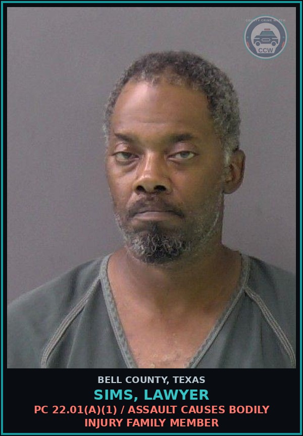Booking mugshot of SIMS, LAWYER in Bell County
