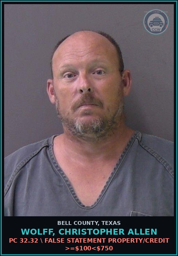 Booking mugshot of WOLFF, CHRISTOPHER ALLEN in Bell County
