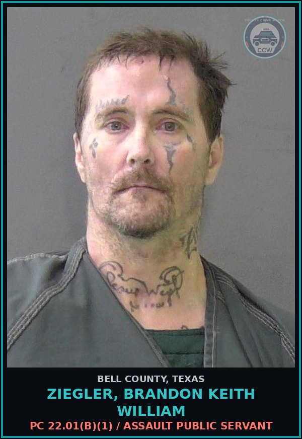 Booking mugshot of ZIEGLER, BRANDON KEITH WILLIAM in Bell County
