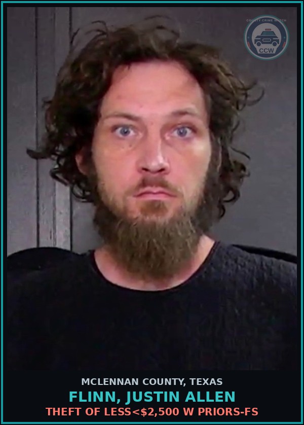 Booking mugshot of FLINN, JUSTIN ALLEN in McLennan County