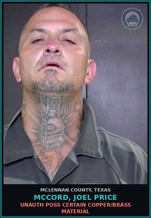 Booking mugshot of MCCORD, JOEL PRICE in McLennan County