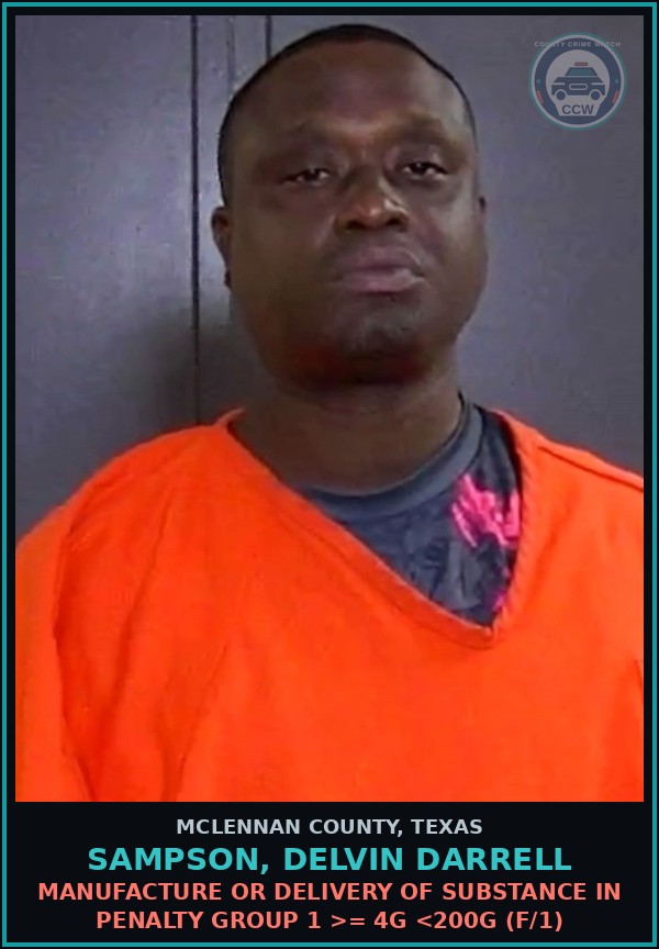 Booking mugshot of SAMPSON, DELVIN DARRELL in McLennan County