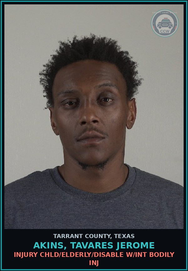 Booking mugshot of Akins, Tavares Jerome in Tarrant County