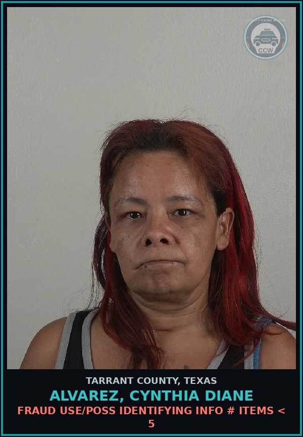 Booking mugshot of Alvarez, Cynthia Diane in Tarrant County