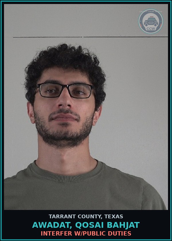 Booking mugshot of Awadat, Qosai Bahjat in Tarrant County