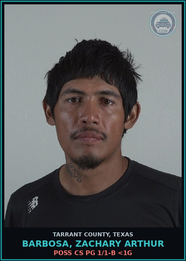 Booking mugshot of Barbosa, Zachary Arthur in Tarrant County