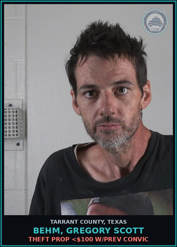 Booking mugshot of Behm, Gregory Scott in Tarrant County