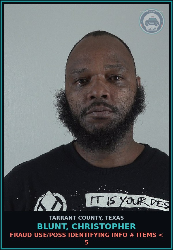 Booking mugshot of Blunt, Christopher in Tarrant County