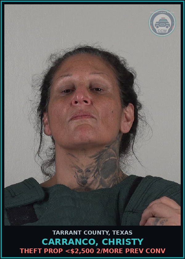 Booking mugshot of Carranco, Christy in Tarrant County