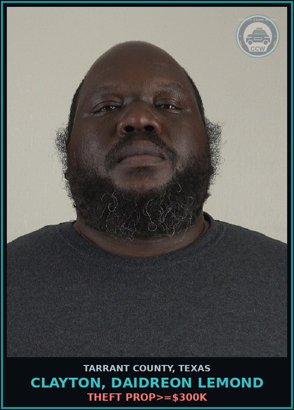 Booking mugshot of Clayton, Daidreon Lemond in Tarrant County