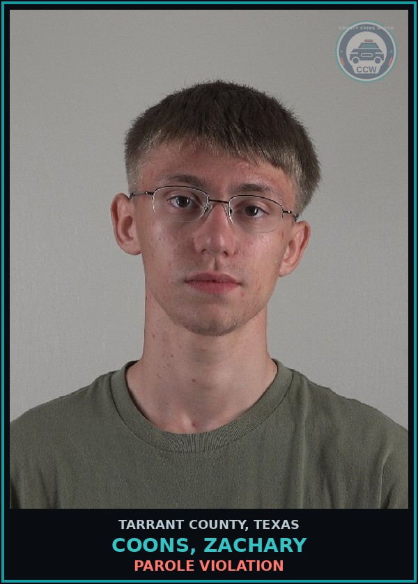 Booking mugshot of Coons, Zachary in Tarrant County