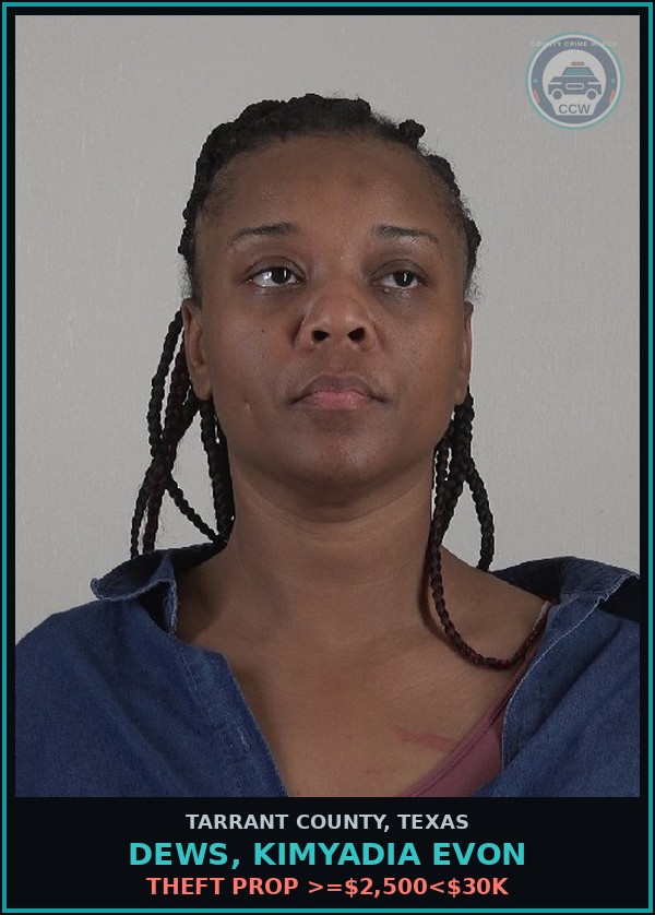 Booking mugshot of Dews, Kimyadia Evon in Tarrant County