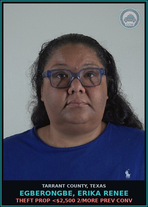 Booking mugshot of Egberongbe, Erika Renee in Tarrant County
