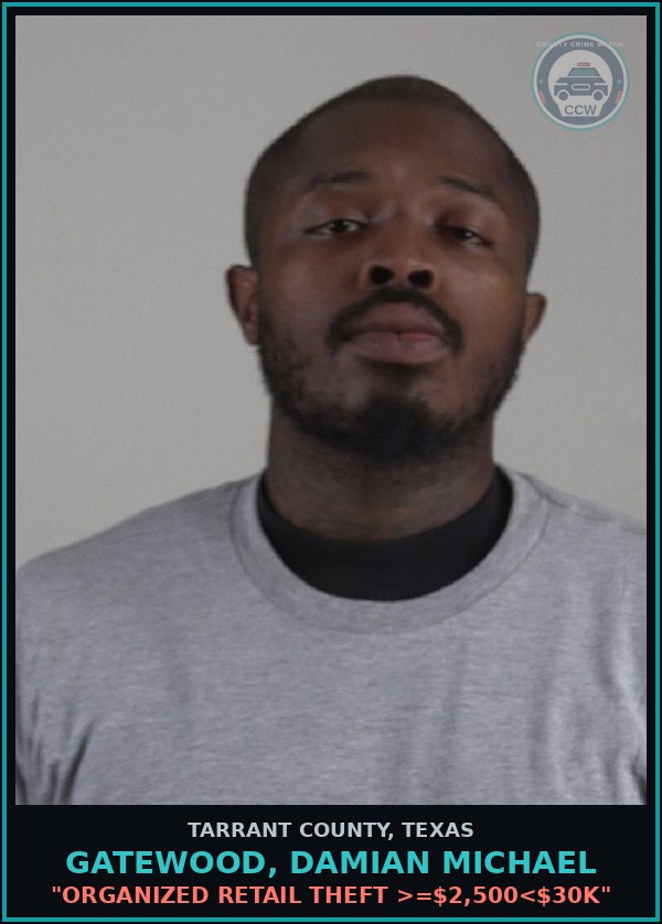 Booking mugshot of Gatewood, Damian Michael in Tarrant County