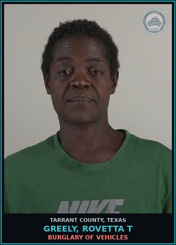 Booking mugshot of Greely, Rovetta T in Tarrant County