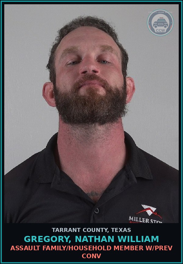 Booking mugshot of Gregory, Nathan William in Tarrant County