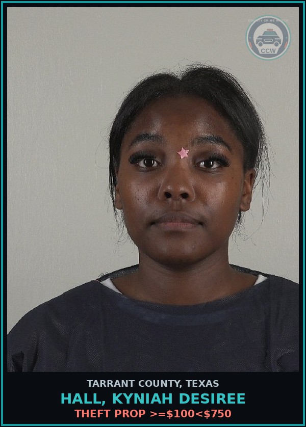 Booking mugshot of Hall, Kyniah Desiree in Tarrant County