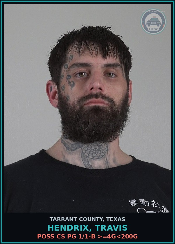 Booking mugshot of Hendrix, Travis in Tarrant County