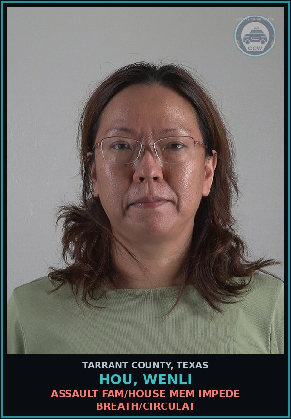 Booking mugshot of Hou, Wenli in Tarrant County