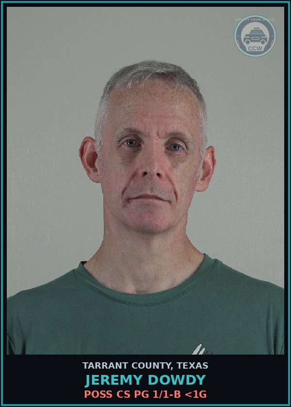 Booking mugshot of Jeremy Dowdy in Tarrant County