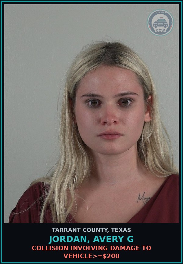 Booking mugshot of Jordan, Avery G in Tarrant County