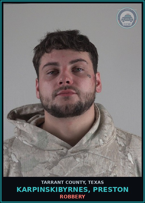 Booking mugshot of Karpinskibyrnes, Preston in Tarrant County