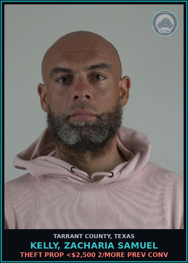 Booking mugshot of Kelly, Zacharia Samuel in Tarrant County