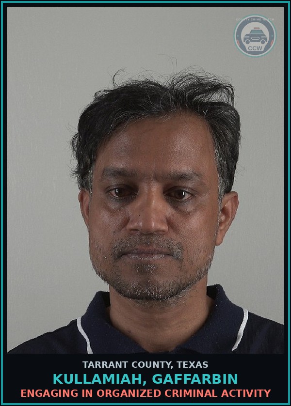 Booking mugshot of Kullamiah, Gaffarbin in Tarrant County
