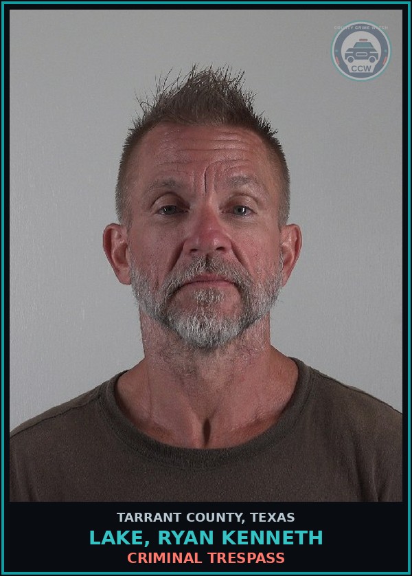 Booking mugshot of Lake, Ryan Kenneth in Tarrant County